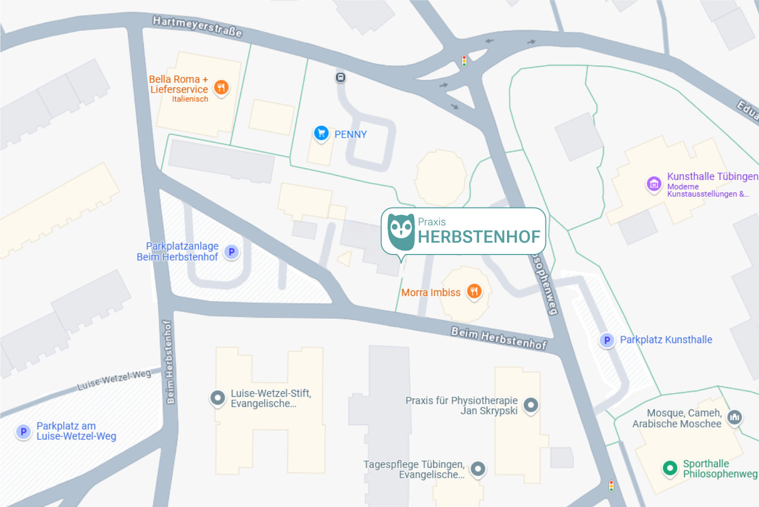 Kartenausschnitt Ein Bild von einem Kartenausschnitt, auf der die Praxis Herbstenhof markiert ist.